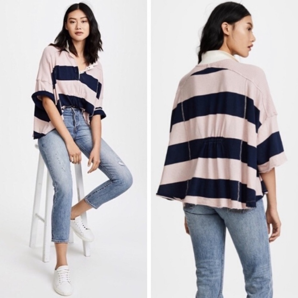 Free People Pink and Navy Stripe Yuki Tee Size XS